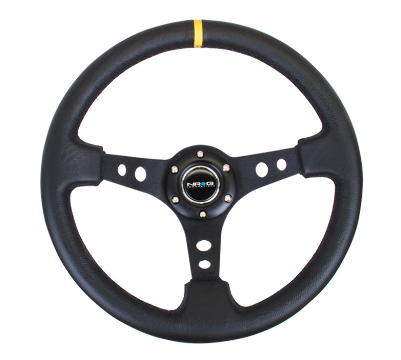 NRG Reinforced Steering Wheel (350mm / 3in Deep) Blk Leather w/NRG Arrow-Cut 2-Spoke & Sgl Yellow CM
