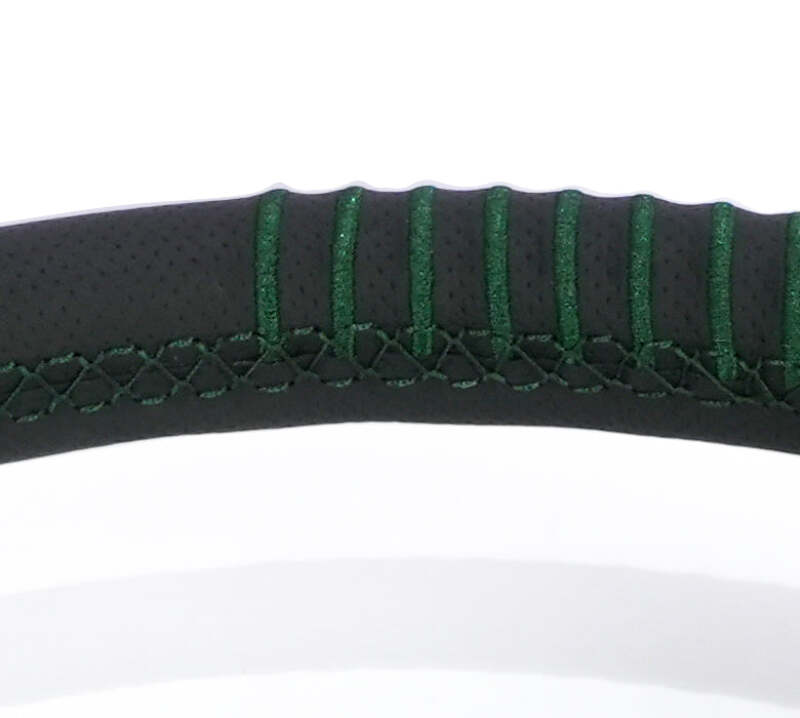 NRG Steering Wheel 1.5in Dish 350mm Black Perforated Leather - Emerald Stitching - Reinforced Spoke