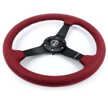 Load image into Gallery viewer, NRG Sport Wheel (350mm) 3 Solid Spokes - 1.5in Deep - Burgundy - Micro Suede - Black Stitching