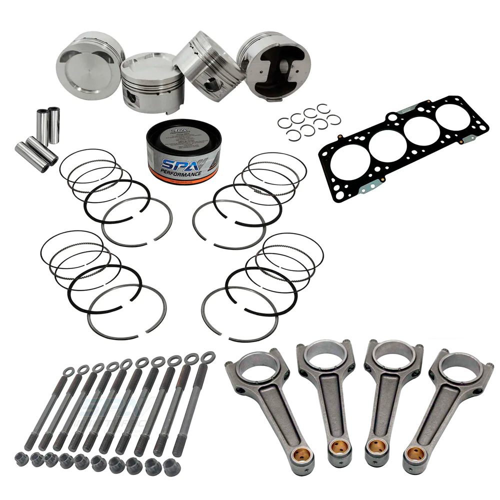 SPA Turbo Forged piston and rings set 83.5mm VW 2.0L 16V ABF + VW 159mm x 20mm High Performance Steel Basic Connecting Rod set 3/8" bolt (1000hp) + Decompression Head Gasket Spacer - 1.5mm + Head stud set