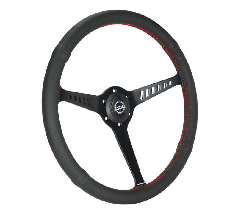 NRG Reinforced Stealth Wheel (380mm) 3 Spoke Center - 1in Deep Dish - Perforated Leather Red Stitch