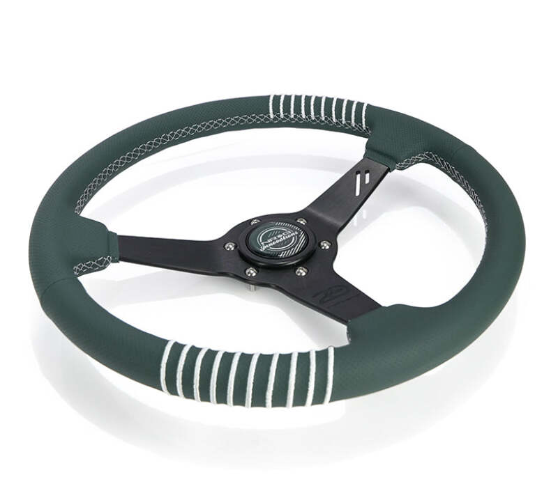 NRG Steering Wheel 1.5in Dish 350mm Black Perforated Leather - Emerald Stitching - Reinforced Spoke