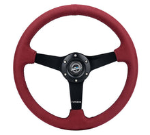 Load image into Gallery viewer, NRG Sport Wheel (350mm) 3 Solid Spokes - 1.5in Deep - Burgundy - Micro Suede - Black Stitching
