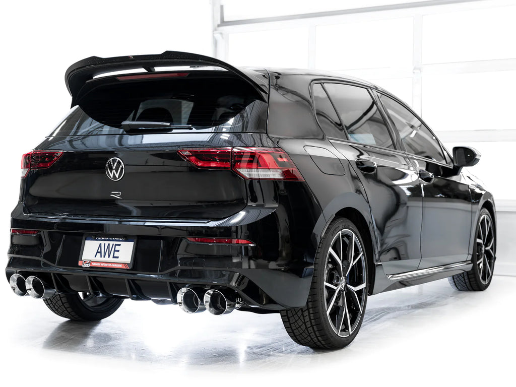 AWE MK8 Volkswagen Golf R 3in Track Edition Quad Exhaust - Chrome Silver Tips