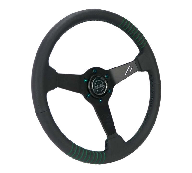 NRG Steering Wheel 1.5in Dish 350mm Black Perforated Leather - Emerald Stitching - Reinforced Spoke