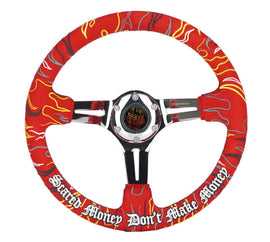 NRG Reinforced Steering Wheel R Litteral Sig 3in Deep/5mm Chrome Spoke - Red Alcantara w/ Red Stitch