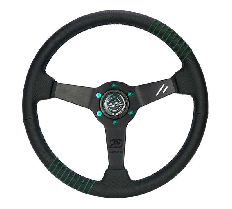 NRG Steering Wheel 1.5in Dish 350mm Black Perforated Leather - Emerald Stitching - Reinforced Spoke