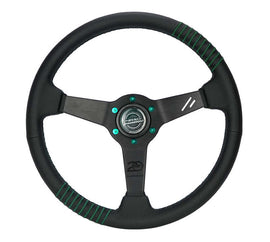 NRG Steering Wheel 1.5in Dish 350mm Black Perforated Leather - Emerald Stitching - Reinforced Spoke