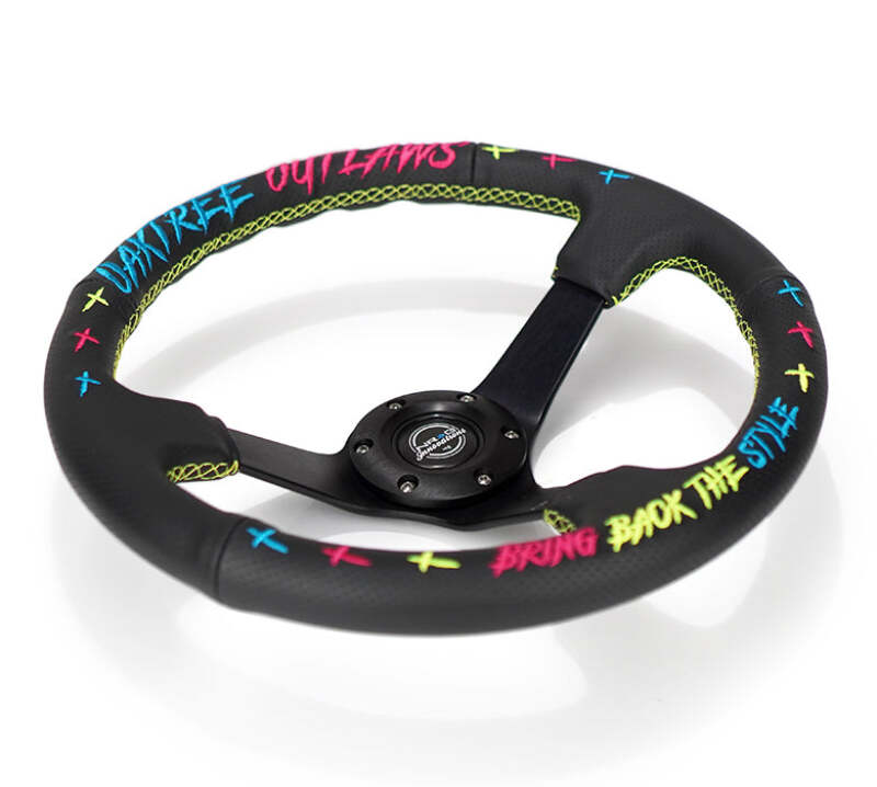 NRG Reinforced Steering Wheel - Oak Tree Outlaws 3in Deep/5mm Blk Spoke 350mm Wheel - Blk Perf Lthr