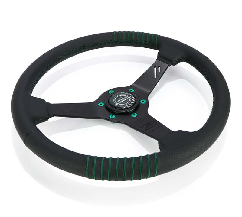 NRG Steering Wheel 1.5in Dish 350mm Black Perforated Leather - Emerald Stitching - Reinforced Spoke