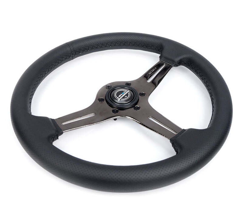 NRG Light Weight Gaming Steering Wheel - 350mm 3 Black Chrome Silver Spokes Perforated Leather