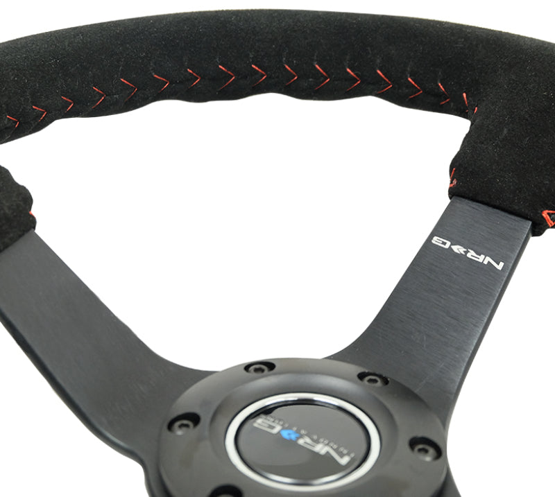 NRG Reinforced Steering Wheel (350mm / 3in. Deep) Blk Suede/Red BBall Stitch w/5mm Matte Blk Spokes