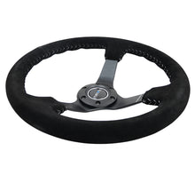 Load image into Gallery viewer, NRG Reinforced Steering Wheel (350mm / 3in. Deep) Blk Suede/Silver BBall Stitch w/5mm Mt. Blk Spokes