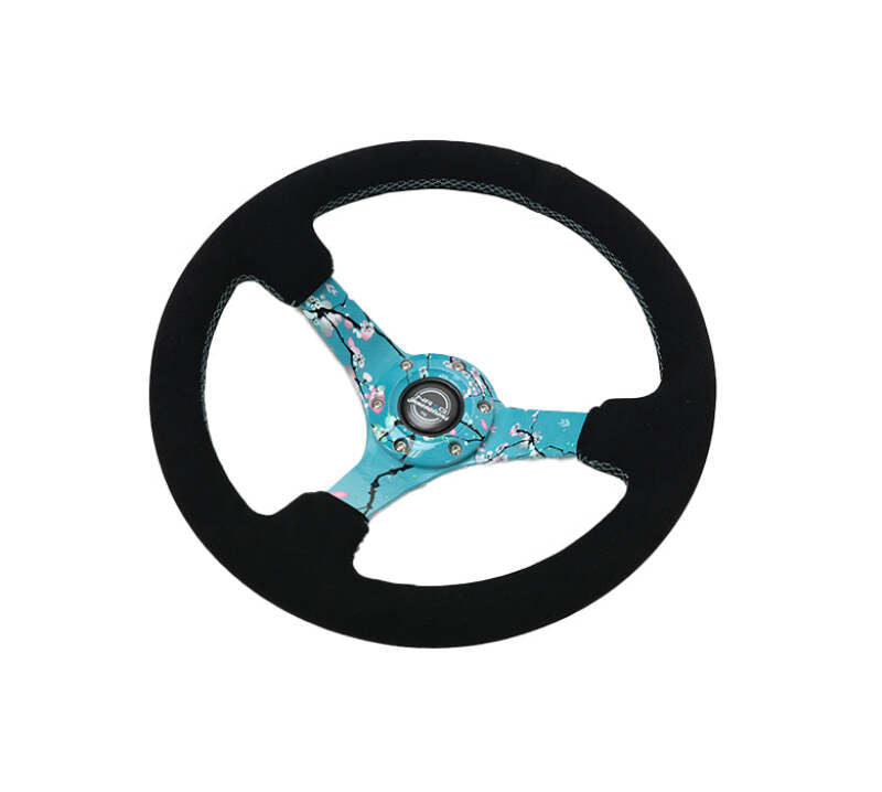 NRG Reinforced Suede Steering Wheel (350mm / 3in. Deep) Hydro Dipped Blossom Floral w/ Teal Stitch