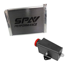 Load image into Gallery viewer, SPA Turbo Lightweight Late Model Radiator - Double Pass - 26.8" x 19.6" + Power Steering Tank Firewall Mount (Right Inlet) - Red Cap