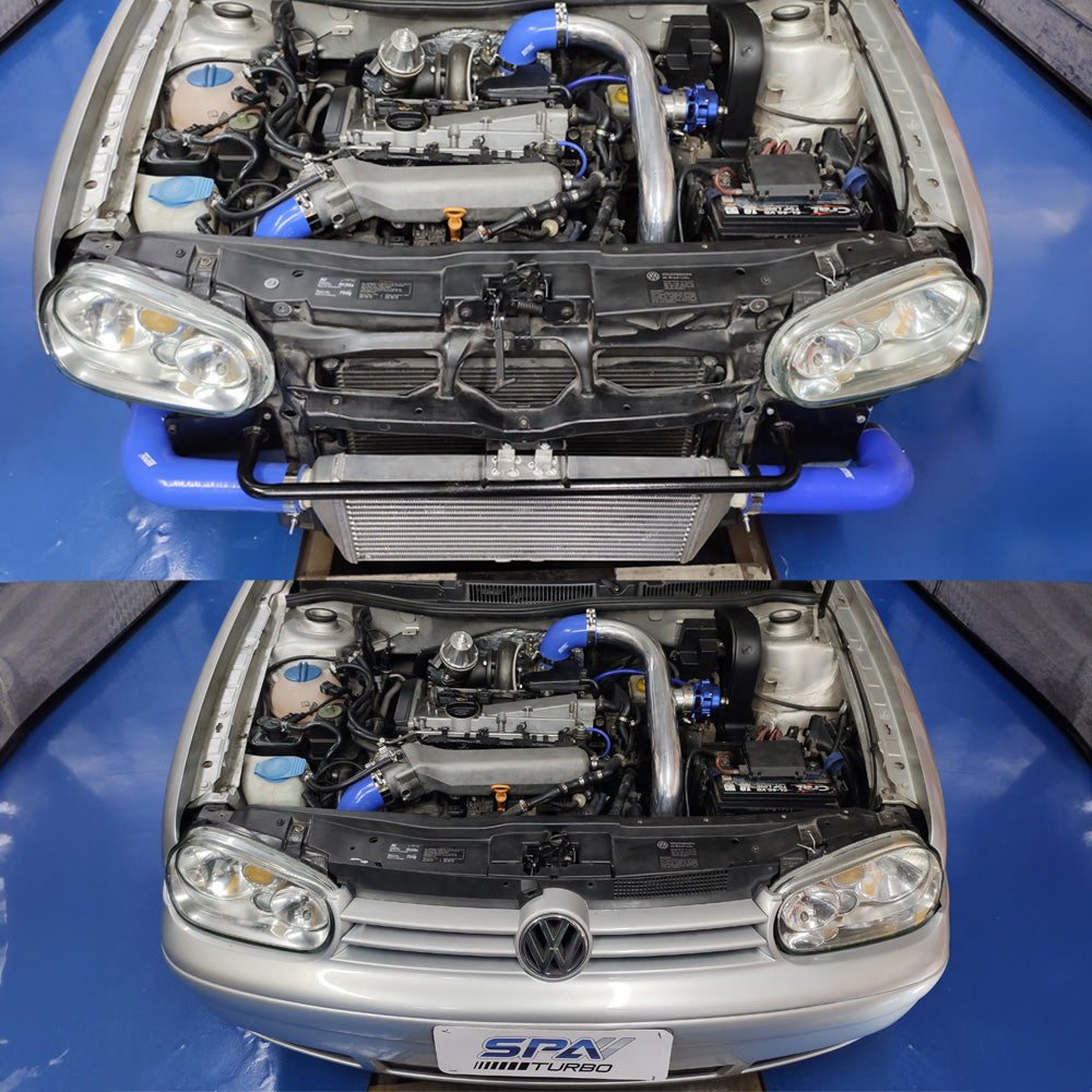 SPA Turbo TWIN SCROLL TOP MOUNT TMA16 TURBO KIT + FRONT MOUNT INTERCOOLER VW 1.8 20V TRANSVERSAL, BLACK HOSES, TURBO NOT INCLUDED
