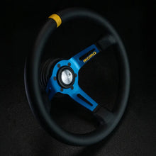 Load image into Gallery viewer, MOMO MOD.08 330 Diam 88 Dish Blk Leather Blue Spokes 1 Stripe
