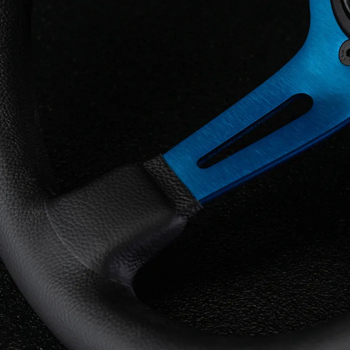 MOMO MOD.08 330 Diam 88 Dish Blk Leather Blue Spokes 1 Stripe