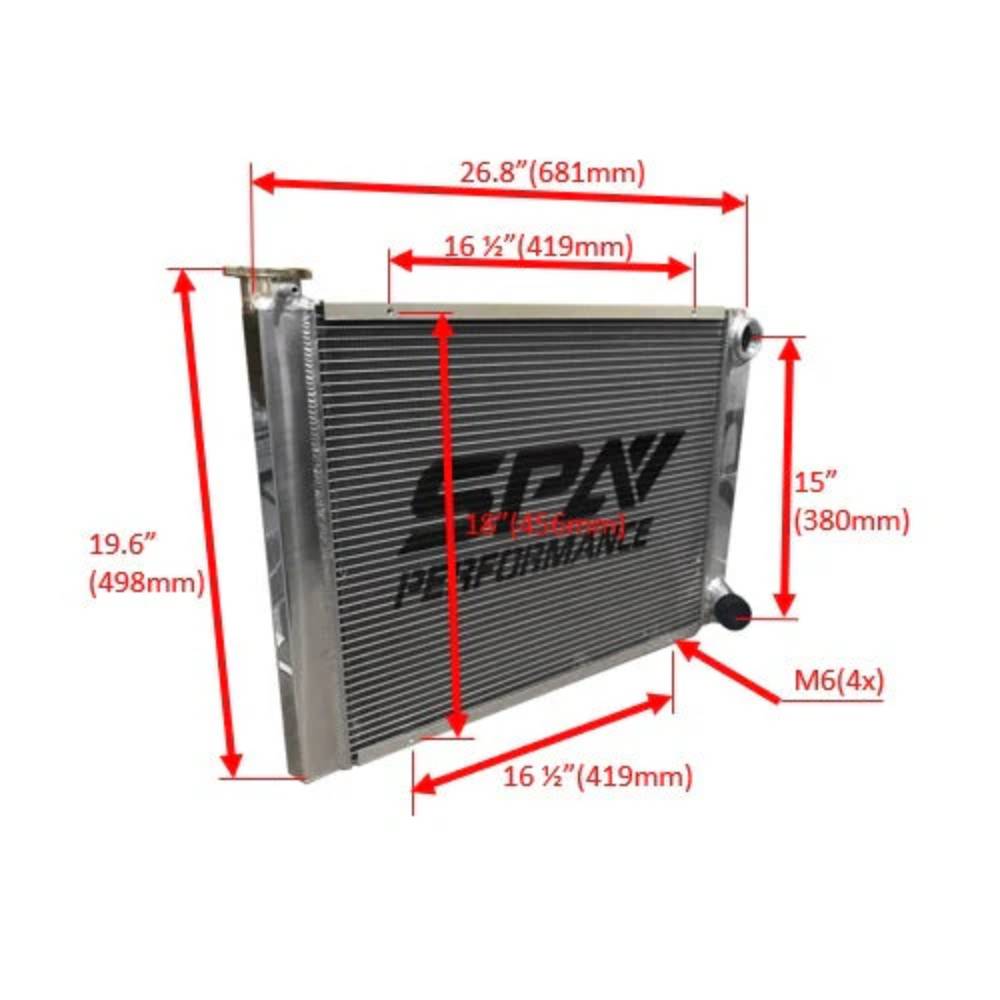 SPA Turbo Lightweight Late Model Radiator - Double Pass - 26.8" x 19.6" + Power Steering Tank Firewall Mount (Right Inlet) - Black Cap