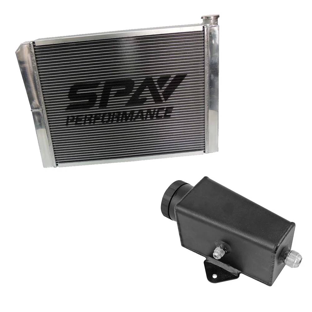 SPA Turbo Lightweight Late Model Radiator - Double Pass - 26.8" x 19.6" + Power Steering Tank Firewall Mount (Right Inlet) - Black Cap