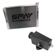 Load image into Gallery viewer, SPA Turbo Lightweight Late Model Radiator - Double Pass - 26.8" x 19.6" + Power Steering Tank Firewall Mount (Right Inlet) - Black Cap
