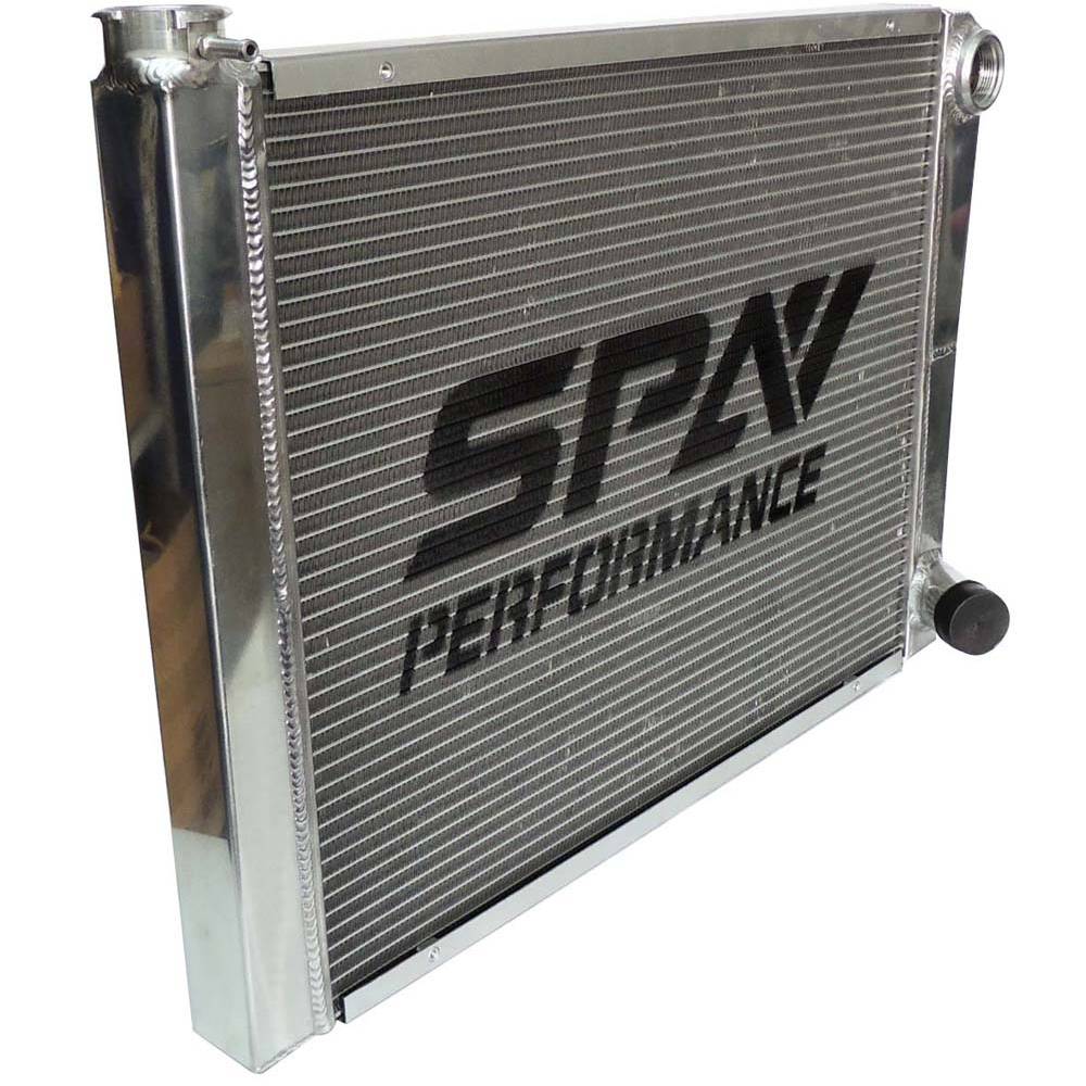 SPA Turbo Lightweight Late Model Radiator - Double Pass - 26.8" x 19.6" + Power Steering Tank Firewall Mount (Right Inlet) - Black Cap