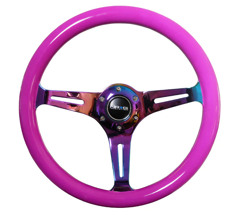 NRG Classic Wood Grain Wheel (350mm) 3 Neochrome Spokes- Neon Purple