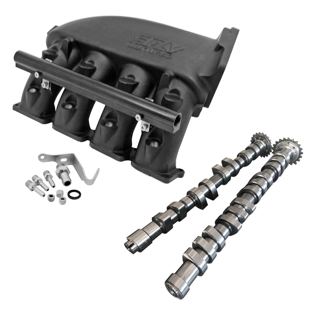 SPA Turbo CAST ALUMINUM INTAKE MANIFOLD FOR TRANSVERSE VW/AUDI 1.8T WITH 4 INJECTORS FUEL RAIL KIT (RIGHT SIDE OEM THROTTLE) - BLACK + 252 / 260 HIGH PERFORMANCE CAMSHAFT SET FOR VW/AUDI 1.8L 20V