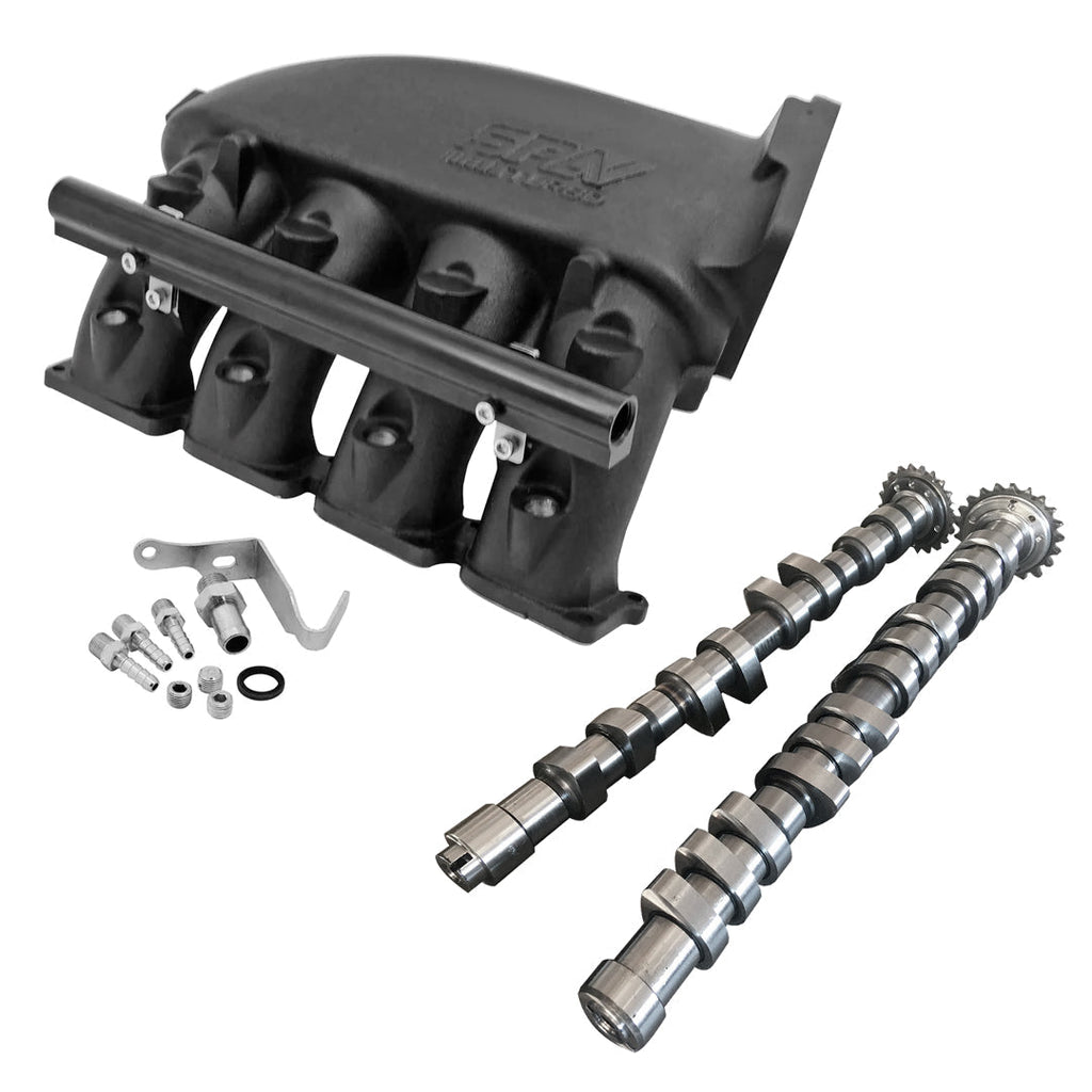 SPA Turbo CAST ALUMINUM INTAKE MANIFOLD FOR TRANSVERSE VW/AUDI 1.8T WITH 4 INJECTORS FUEL RAIL KIT (RIGHT SIDE OEM THROTTLE) - BLACK + 252 / 260 HIGH PERFORMANCE CAMSHAFT SET FOR VW/AUDI 1.8L 20V