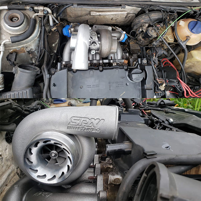 SPA Turbo VW VR6 12V Twin scroll T4 top mount turbo manifold - Dual V-band Wastegates