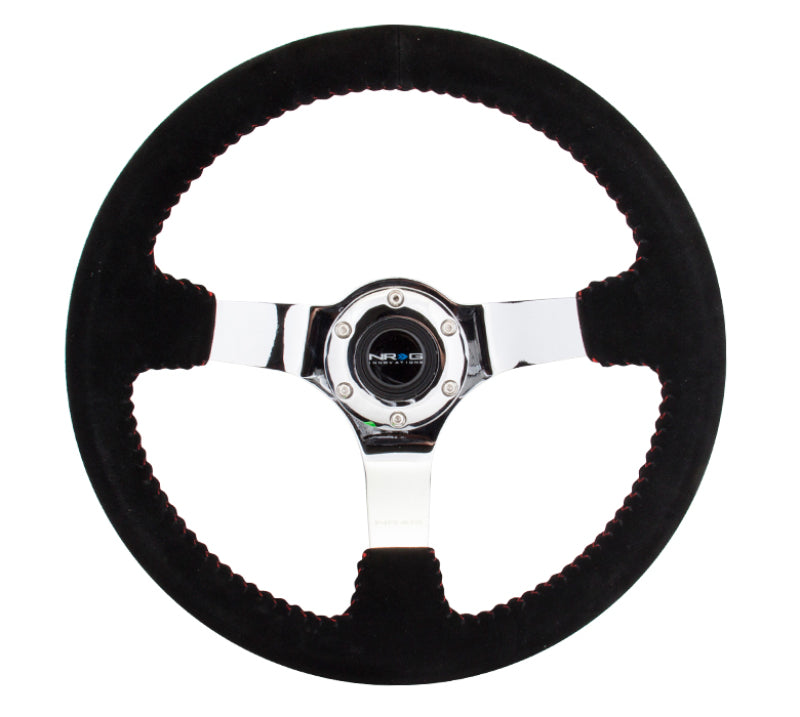 NRG Reinforced Steering Wheel (350mm / 3in. Deep) Blk Suede w/Red BBall Stitch & Chrome 3-Spoke