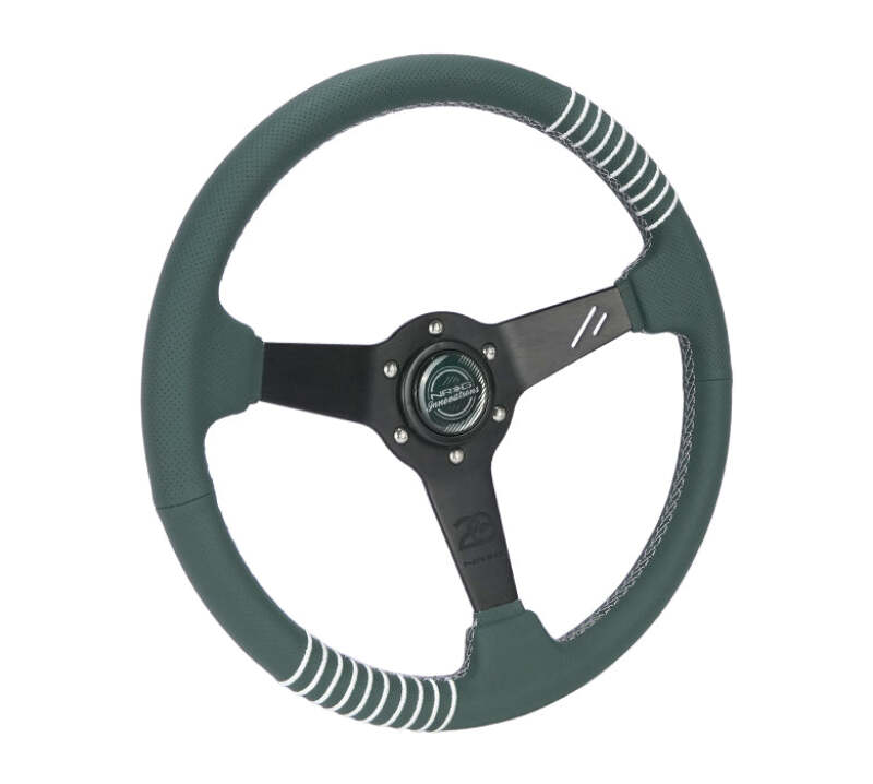NRG Steering Wheel 1.5in Dish 350mm Black Perforated Leather - Emerald Stitching - Reinforced Spoke