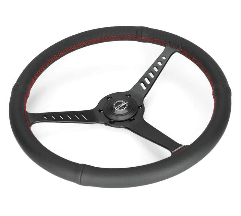 NRG Reinforced Stealth Wheel (380mm) 3 Spoke Center - 1in Deep Dish - Perforated Leather Red Stitch