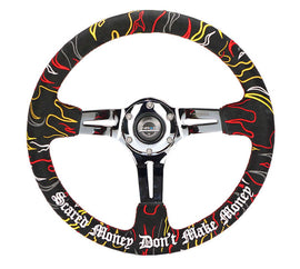 NRG Reinforced Steering Wheel R Litteral Sig 3in Deep/5mm Chrome Spoke - Blk Alcantara w/ Red Stitch