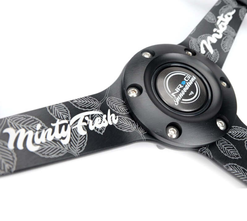 NRG Reinforced Black Perforated Leather Steering Wheel 350mm / 1.5in Deep w/ Goal Digger Blk Stitch