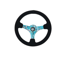 Load image into Gallery viewer, NRG Reinforced Suede Steering Wheel (350mm / 3in. Deep) Hydro Dipped Blossom Floral w/ Teal Stitch