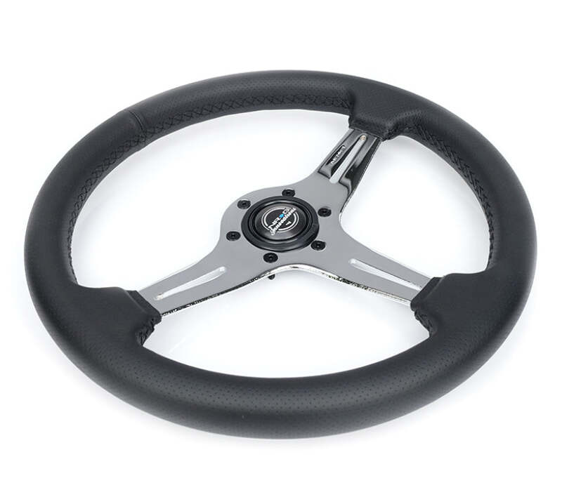 NRG Light Weight Gaming Steering Wheel - 350mm 3 Chrome Silver Spokes Perforated Leather