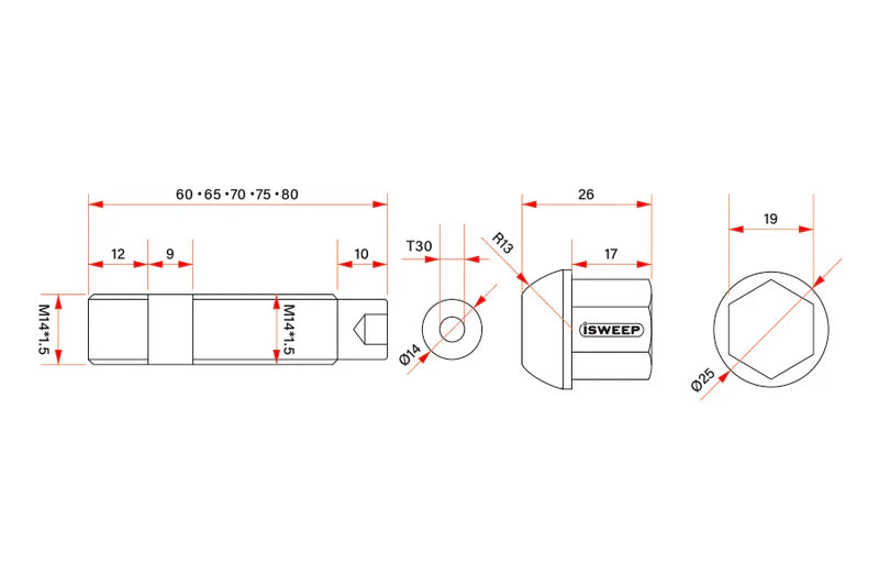 iSWEEP Titanium Wheel Stud Conversion - M14x1.5 19mm Hex Head Ball Seat