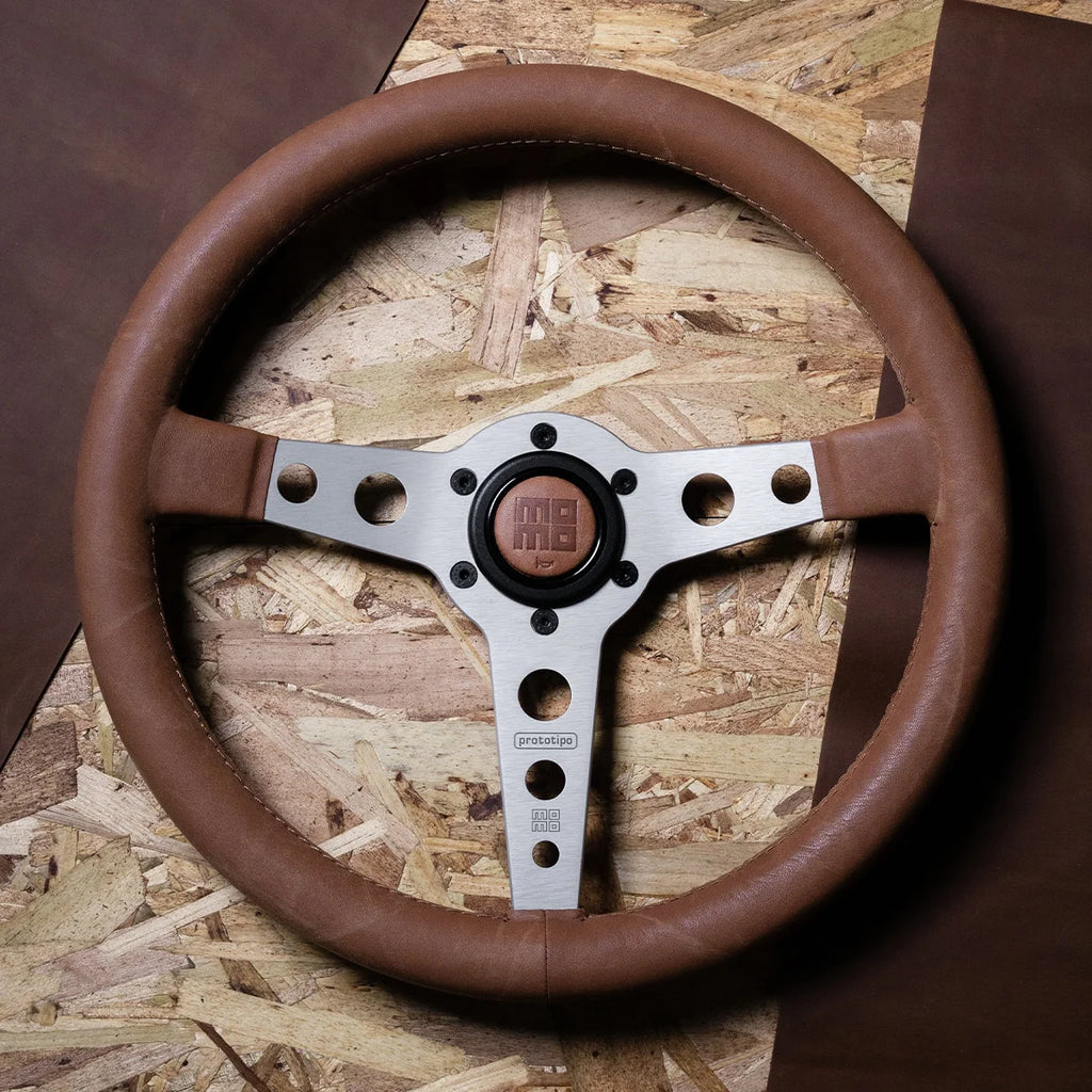 Momo Prototipo Steering Wheel 350 mm - Tobacco Leather/Brown Stitch/Brushed Spokes