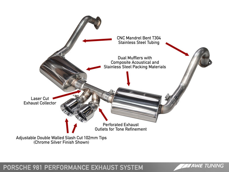 AWE Tuning Porsche 981 Performance Exhaust System - w/Chrome Silver Tips