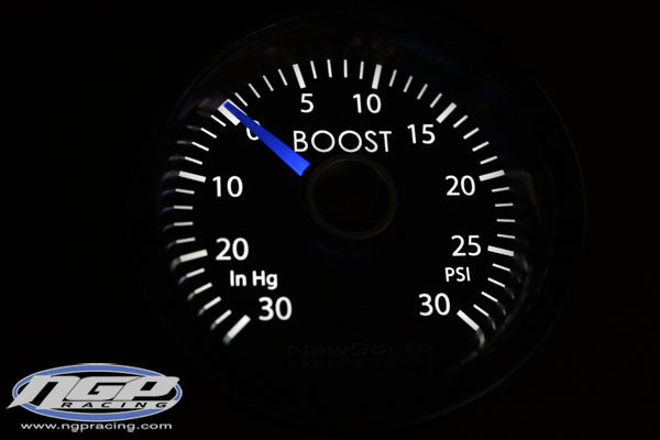 New South Performance - 52mm White with Blue Needle - 30 hg - 30psi Boost Gauge for Golf R