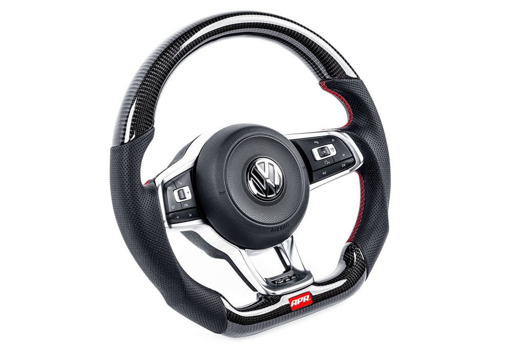 APR STEERING WHEEL - CARBON FIBER AND PERFORATED LEATHER - MK7 GTI/GLI RED WITH PADDLES