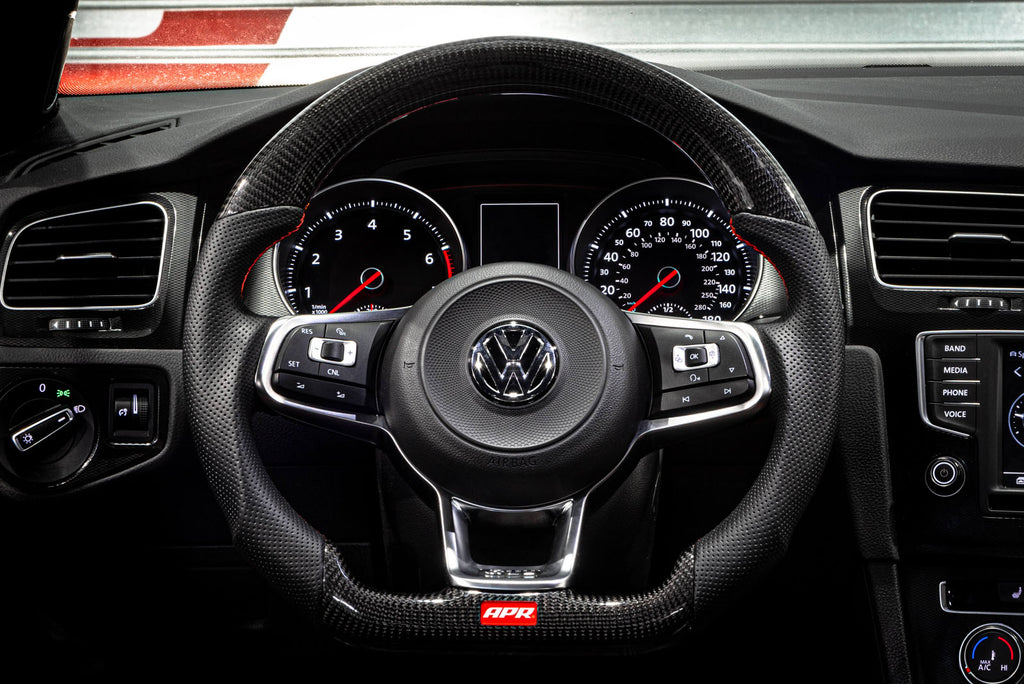 APR STEERING WHEEL - CARBON FIBER AND PERFORATED LEATHER - MK7 GTI/GLI RED WITH PADDLES