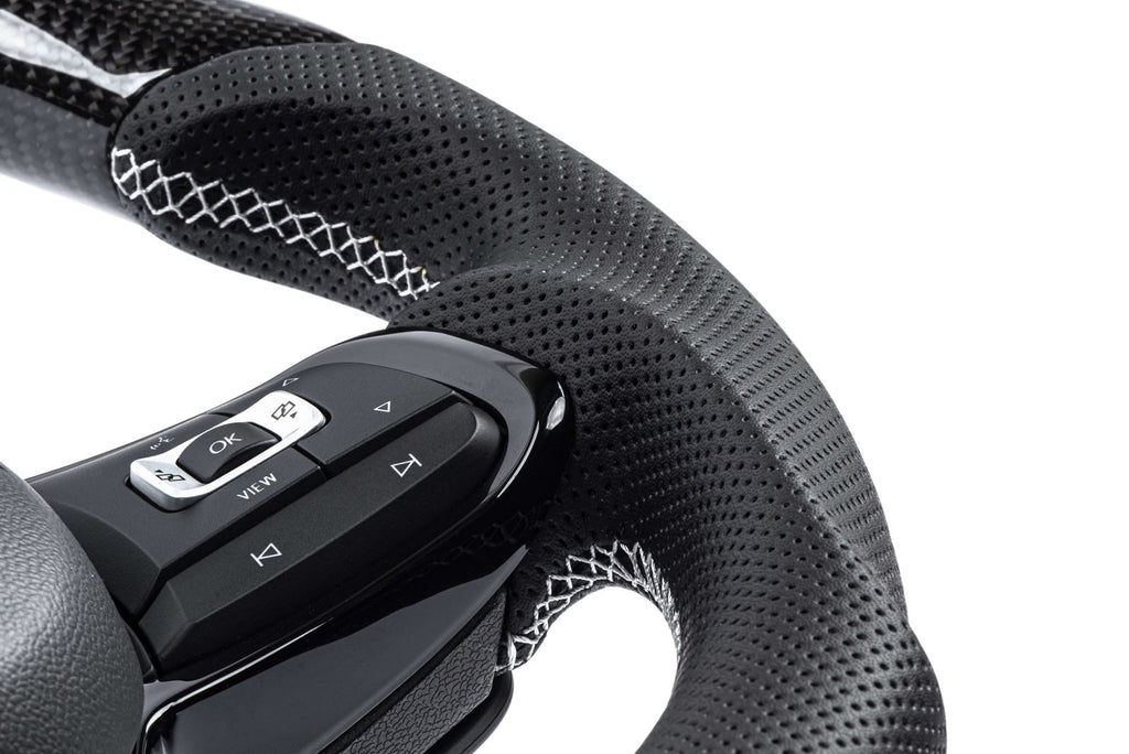 APR STEERING WHEEL - CARBON FIBER AND PERFORATED LEATHER - MK7 GOLF R SILVER WITH PADDLES