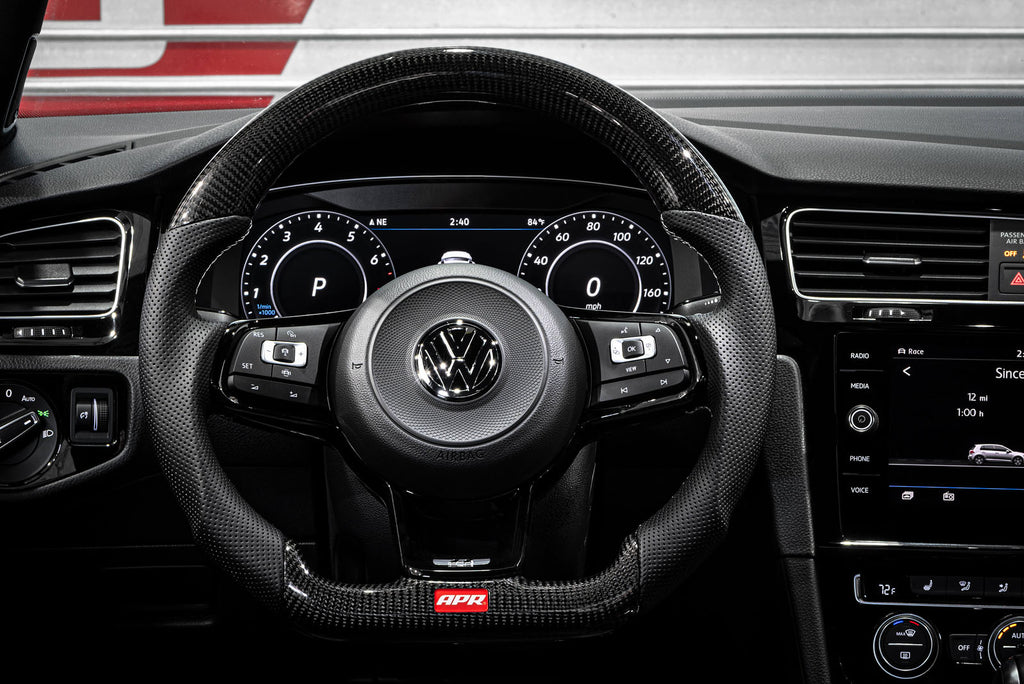 APR STEERING WHEEL - CARBON FIBER AND PERFORATED LEATHER - MK7 GOLF R SILVER WITHOUT PADDLES